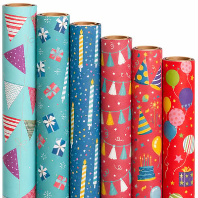 Cadeaupapier Set – Party Vibes Collection (6 Stuks) – 200×70 cm – Turquoise, Blauw, Rood – Feesthoedjes, Cadeautjes, Confetti, Slingers & Ballonnen – Inpakpapier