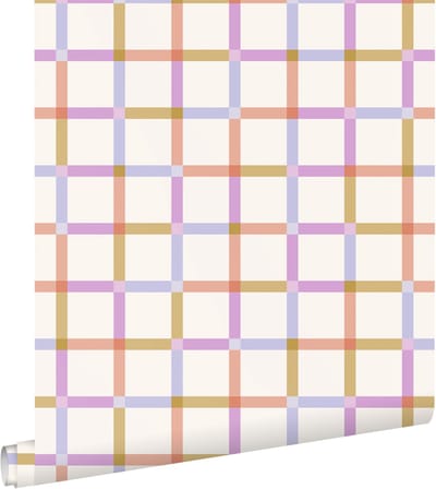ESTAhome behang geblokt motief terracotta, blauw en paars - 50 x 900 cm - 132060