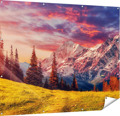 Gards Tuinposter Alpen Landschap met een Kleurrijke Hemel - 150x120 cm - Tuindoek - Tuindecoratie - Wanddecoratie buiten - Tuinschilderij