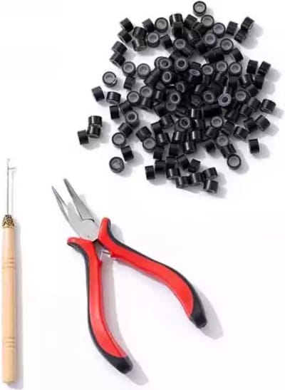 Akyol - Combi-set Microring met silicone 100 stuks (Zwart) + haaknaalden + Extension tang / microring inzettang