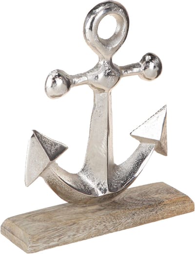 Anker Decoratie Metaal op Houten Basis Zilver Natuurlijk H21cm