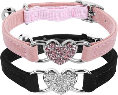 cobee Bling Heart Kattenhalsband met bel, verstelbare kattenhalsband met veiligheidsgordel, strass huisdierhalsband voor kleine katten en honden (roze) (zwart + roze)