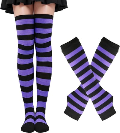 Gestreepte Kniekousen en Lange Brei Handschoenen Set voor Feestkostuum en Cosplay Accessoires