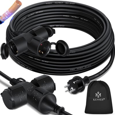 KESSER® Verlengkabel 15 meter met 3x stekkerdoos voor binnen en buiten IP44 - Verlengsnoer met Stekker