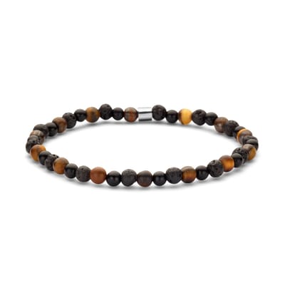 Frank 1967 Junior - 7FJB-0030-M - kralenarmband jongens - matte lavakralen, zwarte agaat en tijgeroog - 4 mm - 16 cm