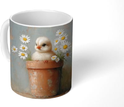 Mok - Koffiemok - Bloempot - Kuiken - Bloemetjes - Mokken - 350 ML - Beker - Koffiemokken - Theemok