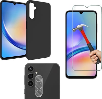 Back cover Silicone hoesje zwart met Screenprotector Glas 1x en Camera lens protector 1x Geschikt voor: Samsung Galaxy A15