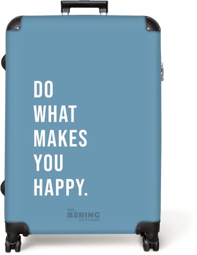 NoBoringSuitcases.com® - Koffer groot - Reiskoffer lichtgewicht - Blauw met quote 'do what makes you happy' - Rolkoffer met 4 wielen - Grote trolley XL - 98 liter bagage