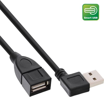 Easy-USB-A haaks (links/rechts) naar USB-A verlengkabel - volledig bedekt - USB2.0 - tot 2A / zwart - 1 meter