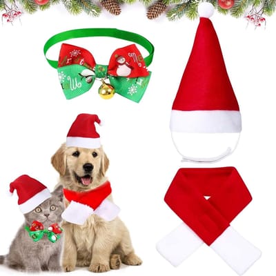 Dailygoods- Hondenkostuum Kerstthema - Verstelbare Kerstmuts - Vlinderdas/Halsdoek - Korte Plus/Polyester - Maat S/M/L - Leuke Feestelijke Outfit - Huisdierenkostuum