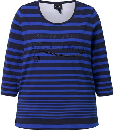 Ulla Popken - Dames - T-shirt strepen klassiek ronde hals 3/4-mouwen - Marine - Maat 46+