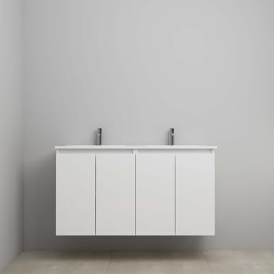 On-Line Onderkast - 120 cm - Bouwpakket - Greeploos 4 Deuren - Porseleinen Wastafel - 2 Kraangaten - Hoogglans Wit