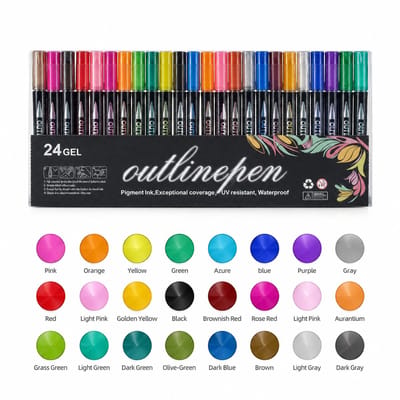 Set van 24 contourpennen - metallic glans en dubbele lijn - voor DIY-kunst - versie A 300 g