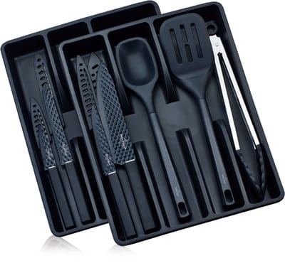 Swiss Haus® KS13B Messenset Met Keukengerei & Bestekbak – 13 Delige Keukenmessen Set - Inclusief 2 Bestekbakken – Antiaanbaklaag – Zwart