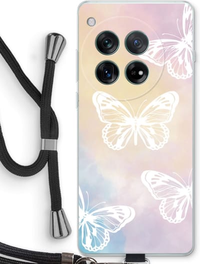 Case Company® - Hoesje met koord geschikt voor OnePlus 12r hoesje met Koord - White butterfly - Telefoonhoesje met Zwart Koord - Bescherming aan alle Kanten en Over de Schermrand