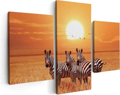 Artaza Canvas Schilderij Drieluik Drie Zebra's Bij Zonsondergang - 90x60 cm - Wanddecoratie Woonkamer - Schilderijen - Muurdecoratie