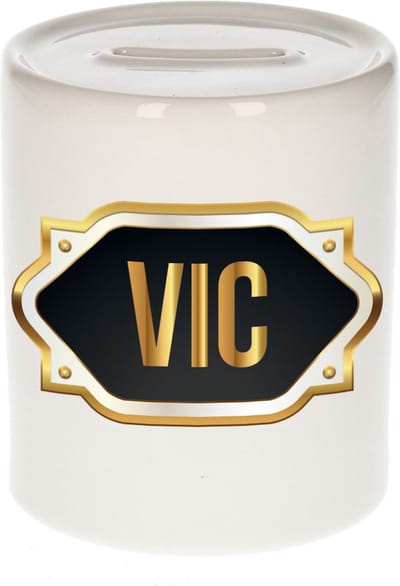 Spaarpot met voornaam Vic - wit - met goud/zwart embleem - 8 x 9 cm - keramiek - met afsluitdop - cadeau verjaardag