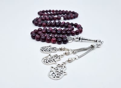 Handgemaakte tesbih "Tasbih" natuursteen "Lepidolite" - Aantal kralen 99 - Diameter kralen 8MM - met metaal tassel "Maryams handpalm" - Een mooi cadeau-idee