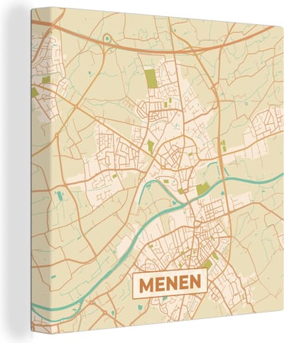 Canvas Schilderij Plattegrond - Kaart - België - Vintage - Menen - Stadskaart - 20x20 cm - Wanddecoratie