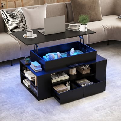 Puluomis Salontafel - met RGB Verlichting - 92x50x56 cm -Stijlvolle bijzettafel met 2 lades - Verstelbaar bureaublad - Open partitie - Koffietafel voor woonkamer - Zwart