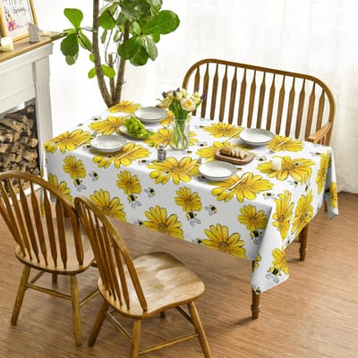 Nappes Imprimées Tournesol Jaune Printemps Abeille Blanche Housse de Table Lavable pour Décoration de Table de Cuisine Décoration de Mariage Fête 90x140cm