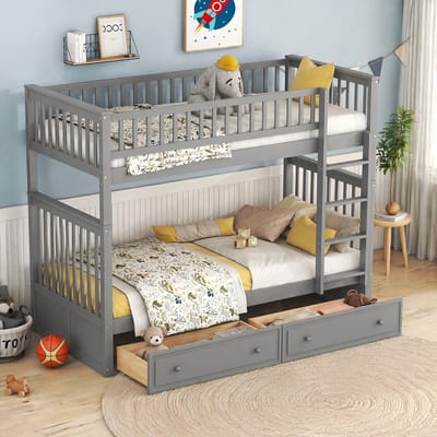 HAUSS SPOLE Stapelbed 90x200cm - Ombouwbaar Naar 2 Bedden - Met 2 Opberglades Op Wielen - Massief Grenen En MDF - Zonder matras - Grijs