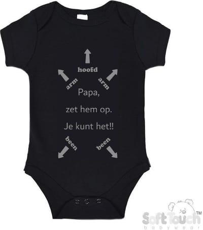 100% katoenen Romper "Papa, zet hem op. Je kunt het!!" + Hoofd Unisex Katoen Zwart/grijs Maat 56/62