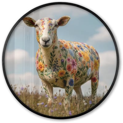 Poster in lijst Rond - Fotolijst 60x60 cm - Posters - Schaap - Bloemen - Weide - Ronde posterlijst zwart - Decoratie - Wanddecoratie woonkamer - Muurdecoratie slaapkamer