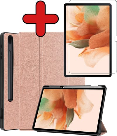 Hoesje - Geschikt voor Samsung Galaxy Tab S7 FE - Met Screenprotector - Trifold Bookcase Hoes - Hard Cover Case - Met Uitsparing Geschikt voor S Pen - Hardcover Book - Tablethoes - Rosé goud