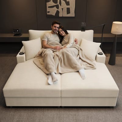Tweepersoons slaapbank met slaapfunctie - met kussen - telefoonhouder - USB-poort en bekerhouder - beige
