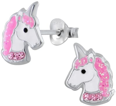 Joy|S - Zilveren eenhoorn oorbellen - unicorn oorknoppen roze kristal