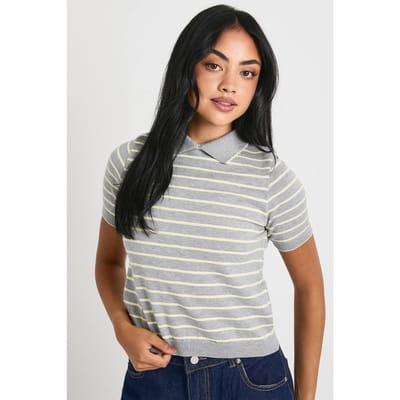 boohoo Dames Gebreide Top met Gestreepte Kraag en Schelprand | Grey | Maat: Small