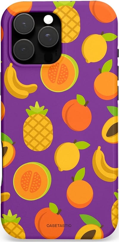 Casetastic hoesje geschikt voor Apple iPhone 16 Pro Max - MagSafe - Dubbellaagse bescherming - Tropisch Fruit Feest - Fashion Case - Lavendel Okergeel Oranje