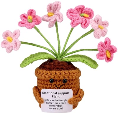 Dailygoods- Gehaakte Bloemen Emotioneel - Vergeet-Me-Nietjes - Grappige Bloemen - Bemoedigende Kaart - Perfect voor Bureaubladdecoratie - 11x9x5cm - Decoratieve Bloemen