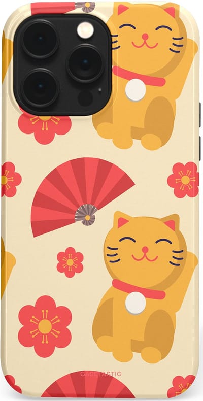 Casetastic hoesje geschikt voor Apple iPhone 14 Pro Max - MagSafe - Dubbellaagse bescherming - Japanse Poezenvreugde - Lucky Cats - Fashion Case - Crème Koraal Goud