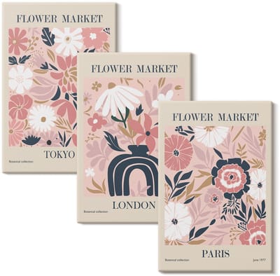 Wallfluent Set van canvas schilderijen - Bloemmotieven in Tokio, Londen en Parijs Canvas Schilderijen Set - set 3 stuks 20x30 cm - Roze Set van Canvas Prints - Natuur Canvas Kunst Set - Boheemse Canvas Kunst Set