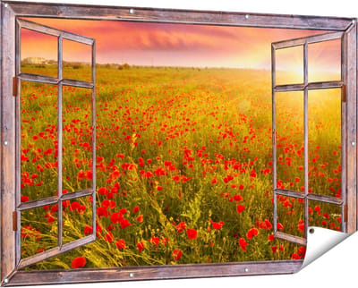 Gards Tuinposter Doorkijk Rode Klaproos Bloemenveld - Zonsondergang - 150x100 cm - Tuindoek - Tuindecoratie - Wanddecoratie buiten - Tuinschilderij