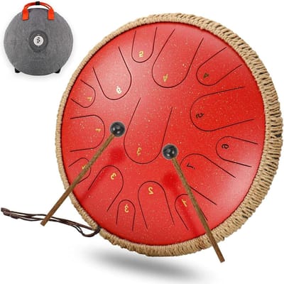 Handtrommel 15 Noten - Muziek Drum - Meditatie en Yoga - Trillingsbeschermende Verf - 35 cm - Rood