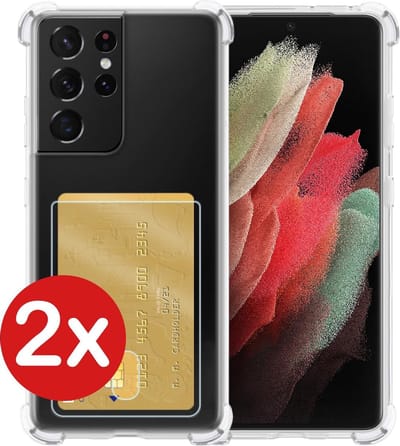 Hoesje - 2 Stuks - Geschikt voor Samsung Galaxy S21 Ultra - Met Pashouder en Kaarthouder - Telefoon Hoes Shockproof - Back Cover - Siliconen Case - Shock Proof - Pasjes Houder - Telefoonhoes - Transparant