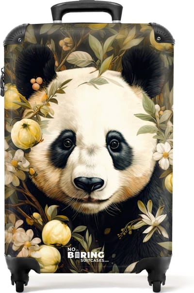 NoBoringSuitcases.com® - Handbagage koffer lichtgewicht - Reiskoffer trolley - Pandabeer te midden van bloemen en planten - Rolkoffer met wieltjes - Past binnen 55x40x20 en 55x35x25