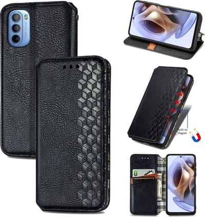 Luxe PU Lederen Ruitpatroon Wallet Case + Glas Screenprotector voor Moto G31 / G41 _ Zwart