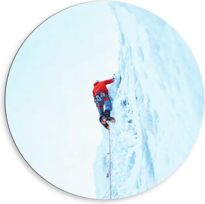Dibond Wandcirkel - Ijsberg Beklimmend Persoon - 80x80cm Foto op Aluminium Wandcirkel (met ophangsysteem)