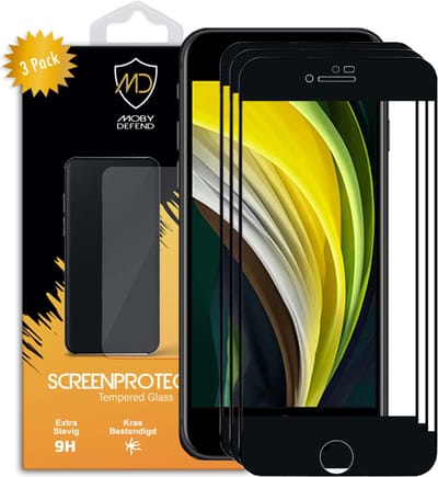3-Pack MobyDefend Screenprotectors - Geschikt voor Apple iPhone SE (2020/2022) / iPhone 8 / iPhone 7 - Screensavers Met Zwarte Randen - Gehard Glas