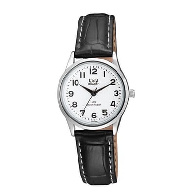 Q&Q C215J304Y - Horloge - Analoog - Vrouwen - Dames - Leren band - Rond - Metaal - Cijfers - Zwart - Zilverkleurig - Wit - 3 ATM