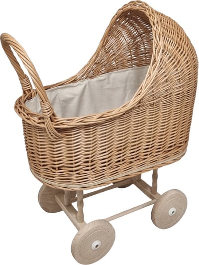 Playwood - Rieten - Poppenwagen - Crème - Beige bekleding met kussentjes rieten kap -houten wiel