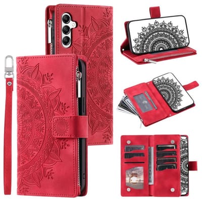 Telefoonhoesje geschikt voor Samsung Galaxy A57 5G - Portemonnee met rits - book-case hoesje - ruimte voor 8 pasjes - mandala rood