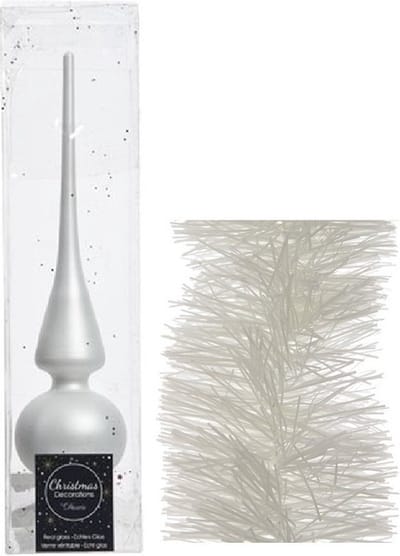 Kerstversiering glazen piek mat 26 cm en folieslingers pakket winter wit van 3x stuks - Kerstboomversiering