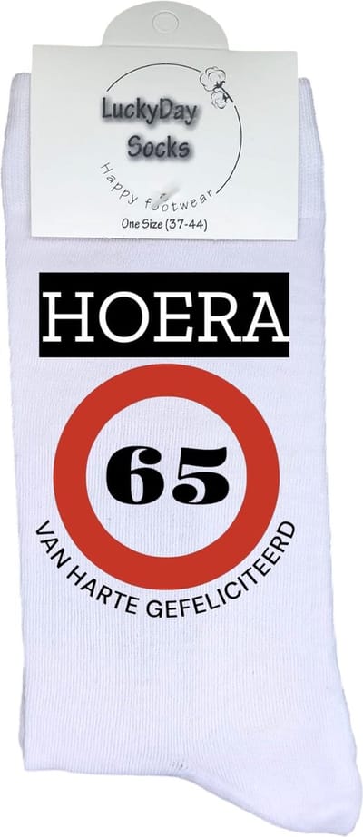 65 jaar Sokken - Gefeliciteerd - Jarig - Verjaardag - Grappige cadeau - Cadeau voor vrouw man - Kado - Verjaardags sokken - Verjaardags cadeau - Sokken waar je vrolijk van wordt - Maat 37-44