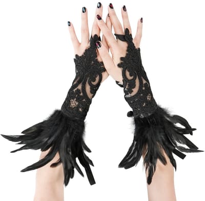 Dailygoods- Dameshandschoenen Vingerloos - Lange Kanten Handschoenen - Zwart met Veren - Geschikt voor Bruiloft/Carnaval - Elegant Design - Hoogwaardig Materiaal - Carnavalhandschoenen