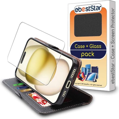ebestStar - Hoes geschikt voor iPhone 15 Apple, Wallet Etui, Book case hoesje, Zwart + Gehard Glas